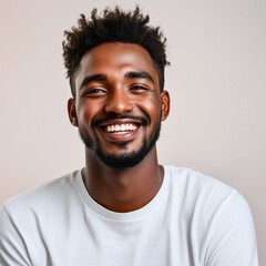 Obraz premium Handsome Black Man Feeling Happy and Smiling, Clean Background, Realistic Photography Portrait Style: Generative AI