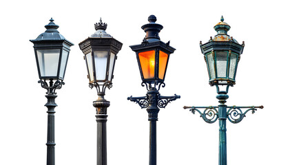 Pack of Vintage lamp post set against transparent backdrop in a vertical orientation