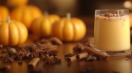 A cozy autumn drink with cinnamon and star anise, served in a glass and surrounded by small pumpkins, evoking a warm and seasonal mood with autumn spices and decorations