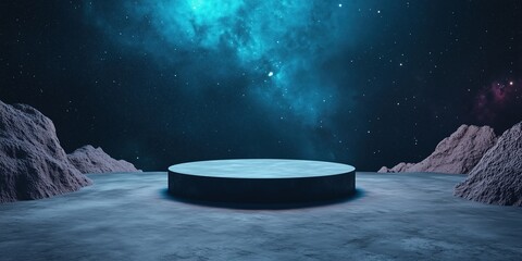 A smooth, round stone podium surrounded by a foggy, ethereal landscape beneath a starry night sky, perfect for sci-fi or fantasy visuals.