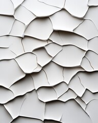 A detailed image of cracked white paint texture with a smooth surface, highlighting the intricate network of organic, flowing shapes, creating an abstract and artistic pattern of peeling layers