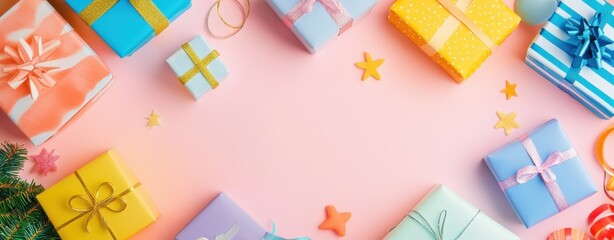 Colorful gift boxes arranged creatively on a soft pink background, perfect for celebrations and festive occasions
