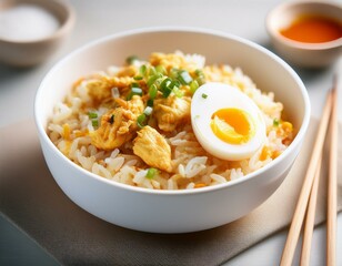 Chicken fried rice with egg on top served in a white bowl with chopsticks