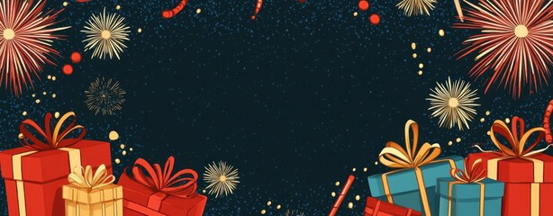 Festive gift boxes surround a dark background adorned with colorful fireworks, perfect for holiday celebrations