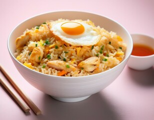 Chicken fried rice with egg on top served in a white bowl with chopsticks