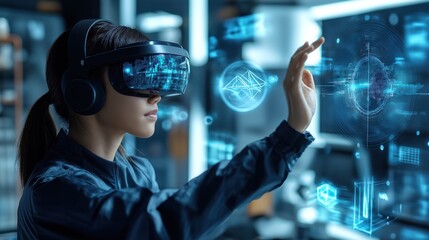 Woman wear sleek advanced AR headset interacting with floating holographic interfaces manipulating 3D models virtual data in high-tech workspace