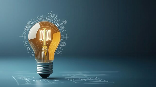 Lightbulb with blueprint sketches, focusing on the case study of invention and patent creation