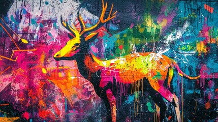 Vibrant graffiti wall featuring colorful animal silhouettes, abstract splashes of paint