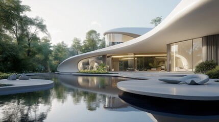Fototapeta premium A modern house built on a platform overlooking a serene lake surrounded by mountains. 