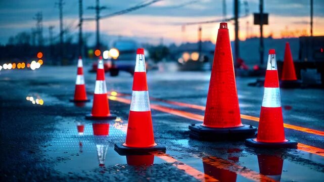 A row of traffic cones on a wet street at dusk, with the reflection of the cones in the puddle.