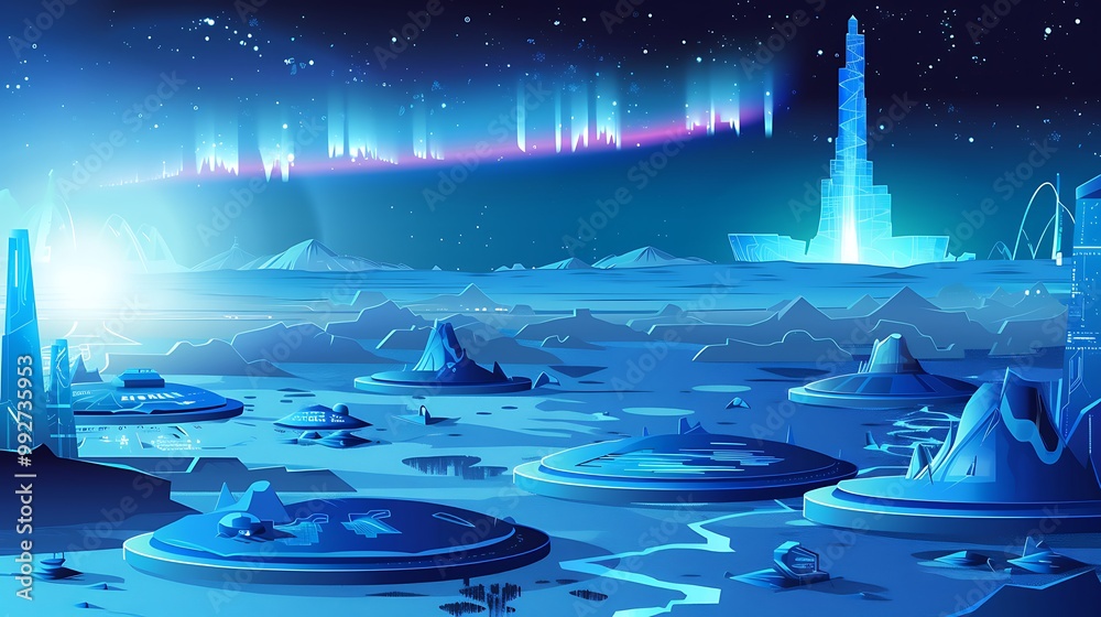 Poster futuristic cityscape on an alien planet with a glowing aurora borealis in the sky.