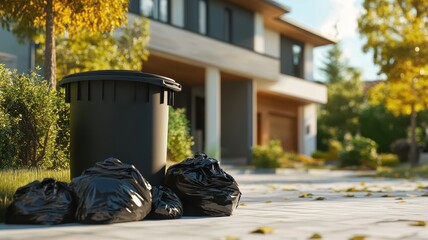 Many garbage bags and full waste bin at clean modern house, waste management concept,black plastic bag,Waiting for the rubbish keeper officers to take them away,Waste management.