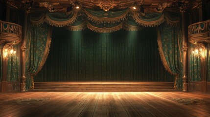 A classic theater stage with smooth wooden floors and soft amber lighting, The backdrop features deep green curtains with ornate gold patterns