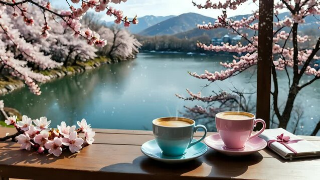 Two colorful cups of coffee with a notebook on a wooden table, surrounded by cherry blossoms by the lake. seamless looping time-lapse 4K video background