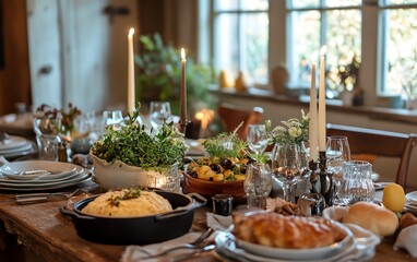 Farmhousestyle Thanksgiving dinner with hearty dishes, vintage decor, and a cozy rustic ambiance