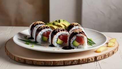Fresh Sushi Rolls Stuffed with Tuna and Avocado, Topped with Sesame and Soy Sauce