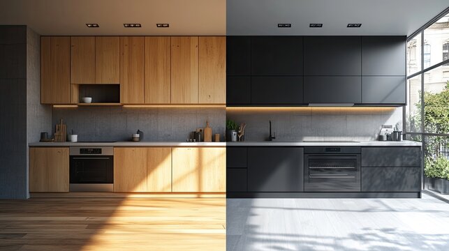 Kitchen before and after renovation, copy space for text.Generative AI