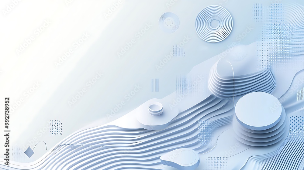 Poster Abstract white background with 3D geometric shapes and patterns.