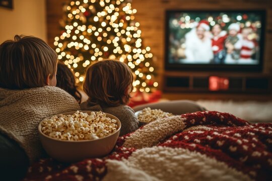 Dos ni&ntilde;os sonrientes est&aacute;n sentados frente a un televisor viendo una pel&iacute;cula navide&ntilde;a, con un gran cuenco de palomitas de ma&iacute;z en su regazo y un &aacute;rbol de Navidad iluminado detr&aacute;s.