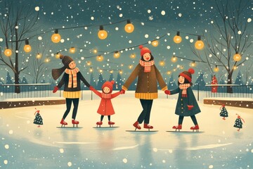 Dos adultos y dos niños patinan en una pista de hielo al aire libre, rodeados de luces festivas colgantes, disfrutando de una noche invernal nevada.