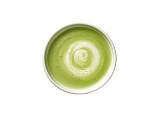 Top View Of A Creamy Matcha Green Tea Latte In A Green Ceramic Cup Isolated On White Background