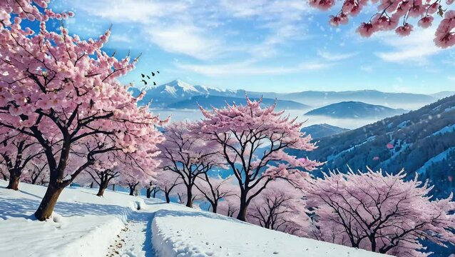Cherry blossom trees on a snowy mountain slope with a clear blue sky, picturesque winter and spring fusion