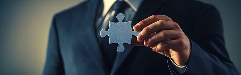 A businessman holds out a puzzle piece, symbolizing the importance of finding the right solution or missing piece.