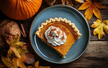 Perfectly baked pumpkin pie with whipped cream and cinnamon on a rustic Thanksgiving table