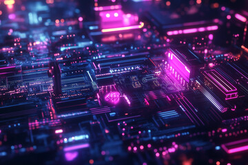 Obraz premium Neon Shapes in a Digital World of Glowing Circuits: An Abstract Futuristic Artwork