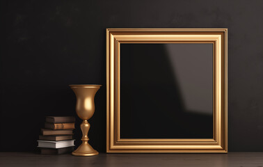 Ornate picture frame on a sturdy wooden table, vibrant vase of colorful flowers and intriguing books, cozy warm atmosphere for relaxation and inspiration. On a solid wooden table