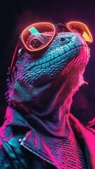 Obraz premium A lizard in Synthwave style, with neon colors and a retro-futuristic, vibrant atmosphere.