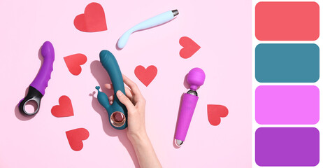 Female hand with different sex toys and paper hearts on pink background. Different color patterns