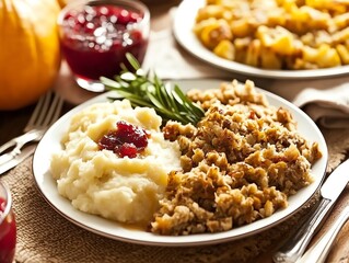 Thanksgiving dinner plate with traditional sides like mashed potatoes, stuffing, and gravy
