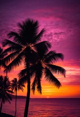 Obraz premium tropical palm silhouettes framed vibrant sunset hues creating stunning visual contrast beauty, beach, coast, colorful, canvas, dusk, evening, exotic, flora