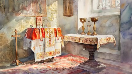 Obraz premium Watercolor painting of a church altar with golden chalices, crosses, and red and white linens.