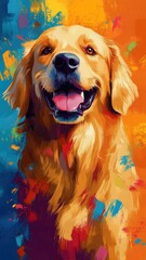 Golden Retriever illustrated in Abstract Expressionism style, with bold brushstrokes and vivid colors expressing its joyful and dynamic energy.