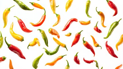Peppers falling in various positions on a white backdrop