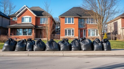 Many black garbage bags and full waste bin at clean modern house, waste management concept,black plastic bag,Waiting for the rubbish keeper officers to take them away,Waste management.