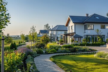 A perfect neighbourhood, houses in suburb at summer, luxury houses with nice landscape.