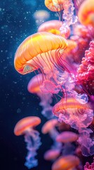 Obraz premium Colorful coral reefs with fluorescent fish swimming and glowing jellyfish floating, ocean floor scene, vertical smartphone background.