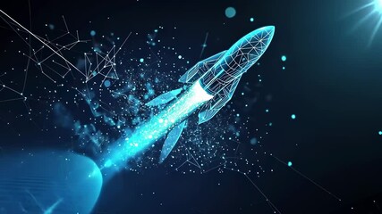 A blue rocket is flying through the sky with a trail of blue smoke behind it - Powered by Adobe