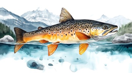 Fototapeta premium Watercolor Illustration of a Brown Trout Leaping from the Water with a Mountain Range in the Background.