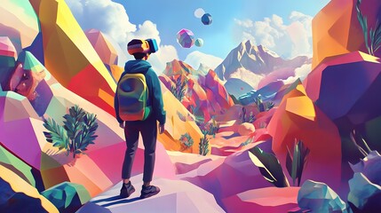 6. A digital landscape with virtual reality avatars exploring a colorful, immersive world filled with geometric shapes