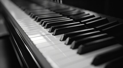 A detailed and intimate shot of a piano's keys, showcasing their design and beauty in a monochromatic setting