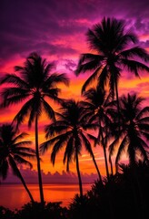 Obraz premium vibrant palm silhouette stunning sunset colors featuring rich hues purple breathtaking tropical scene, orange, pink, sky, clouds, light, shadows, landscape