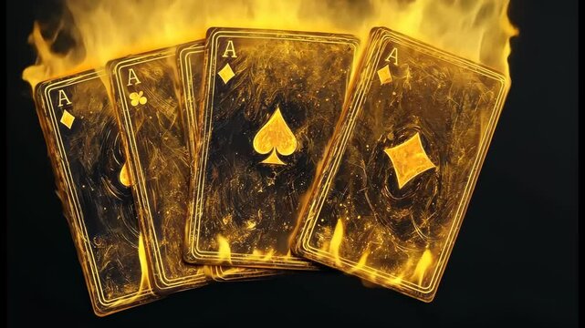 Four gold playing cards with spades and diamonds on them