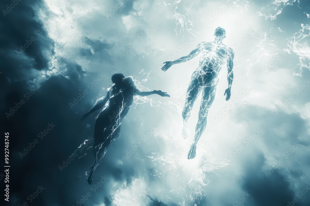 Fototapete translucent version of a person floating above their physical form, with energy flowing between the 