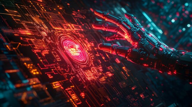 2. A robotic hand reaching out to interact with a glowing digital interface, surrounded by intricate circuitry patterns - Powered by Adobe