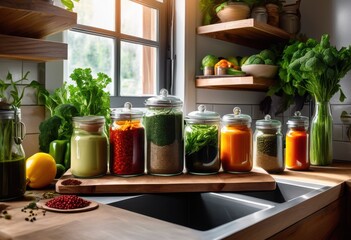 colorful inviting allergy friendly meal prep space fresh ingredients organized kitchen tools healthy cooking, vibrant, vegetables, fruits, containers, recipes