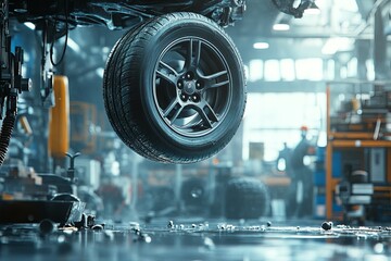 A dynamic image of a tire being mounted on a rim, with the workshop bustling in the background.